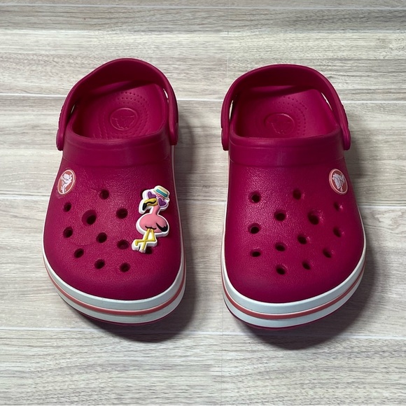 CROCS / Girls Pink Classic Clog Shoes with Flamingo Jibbitz Size C10/11 - Picture 1 of 7
